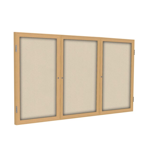 Enclosed Bulletin Board, 3 Door, Fabric, Oak Frame, 3 ft H x 6 ft W, Beige